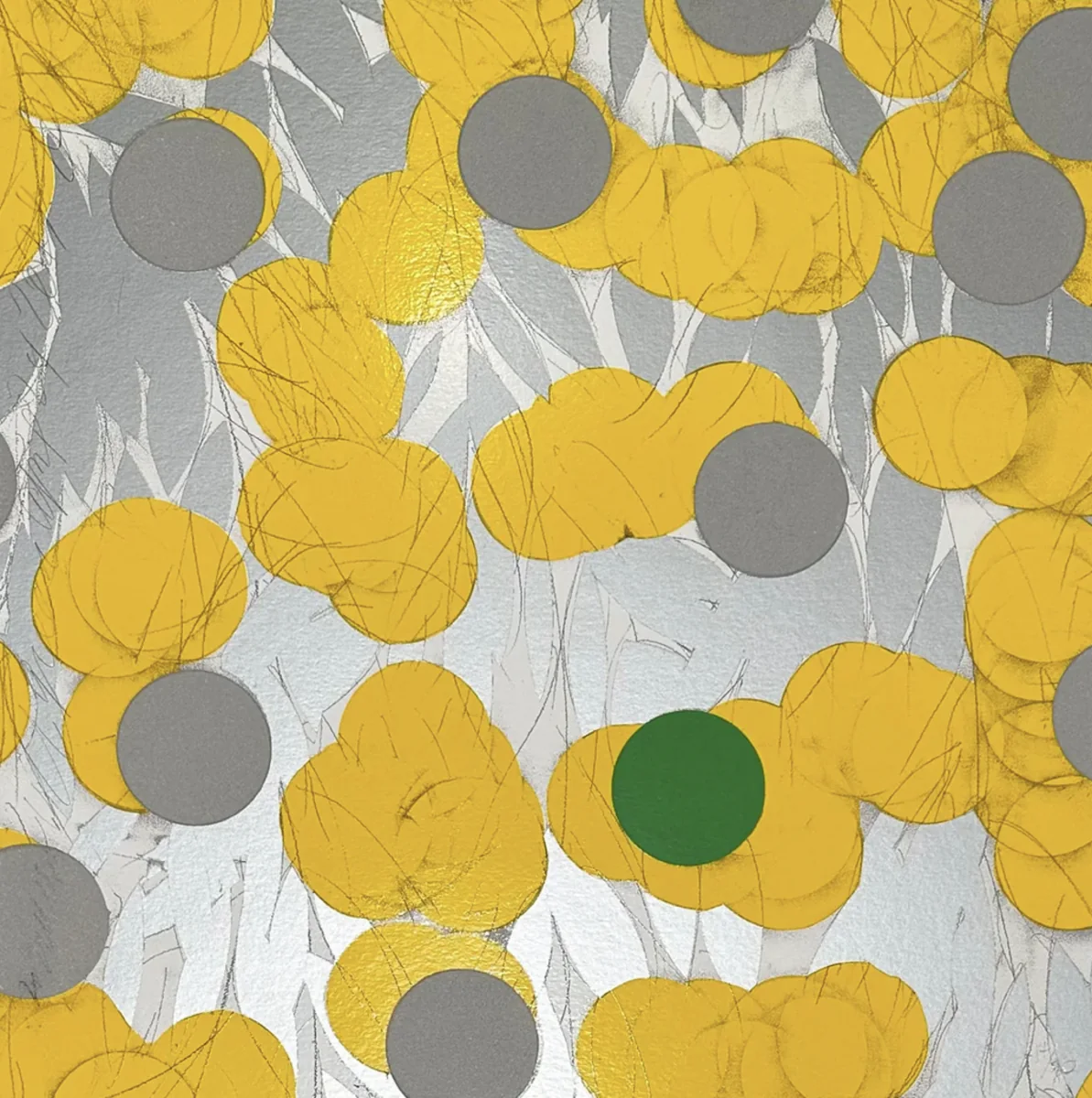 Donald Sultan, Mimosa with Green, April 24, 2024, 2024, silkscreen with enamel inks , graphite powders and sand on 4…