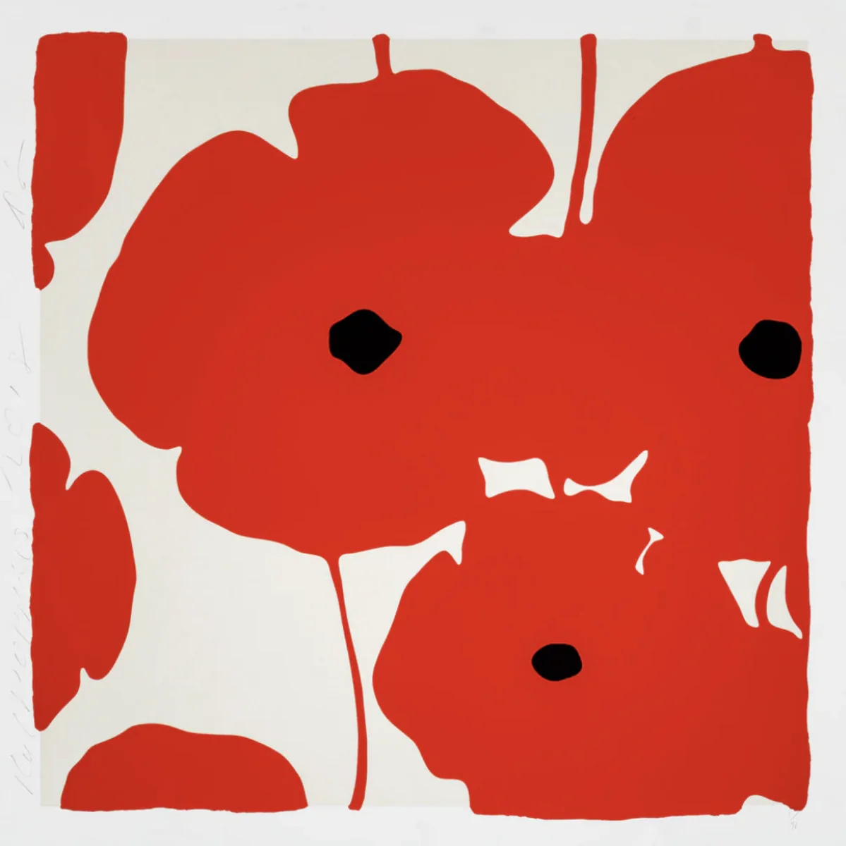 Donald Sultan, Red Poppies, 2018, silkscreen with enamel inks , flocking and tar - like texture…