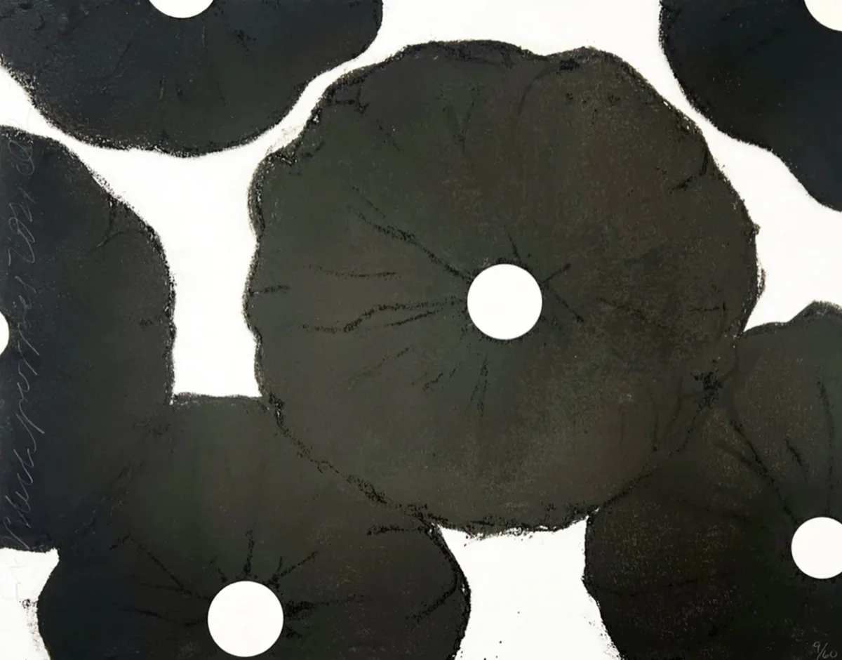 Donald Sultan, Six Black Poppies, 2021, silkscreen with enamel inks , flocking and over printed flock…