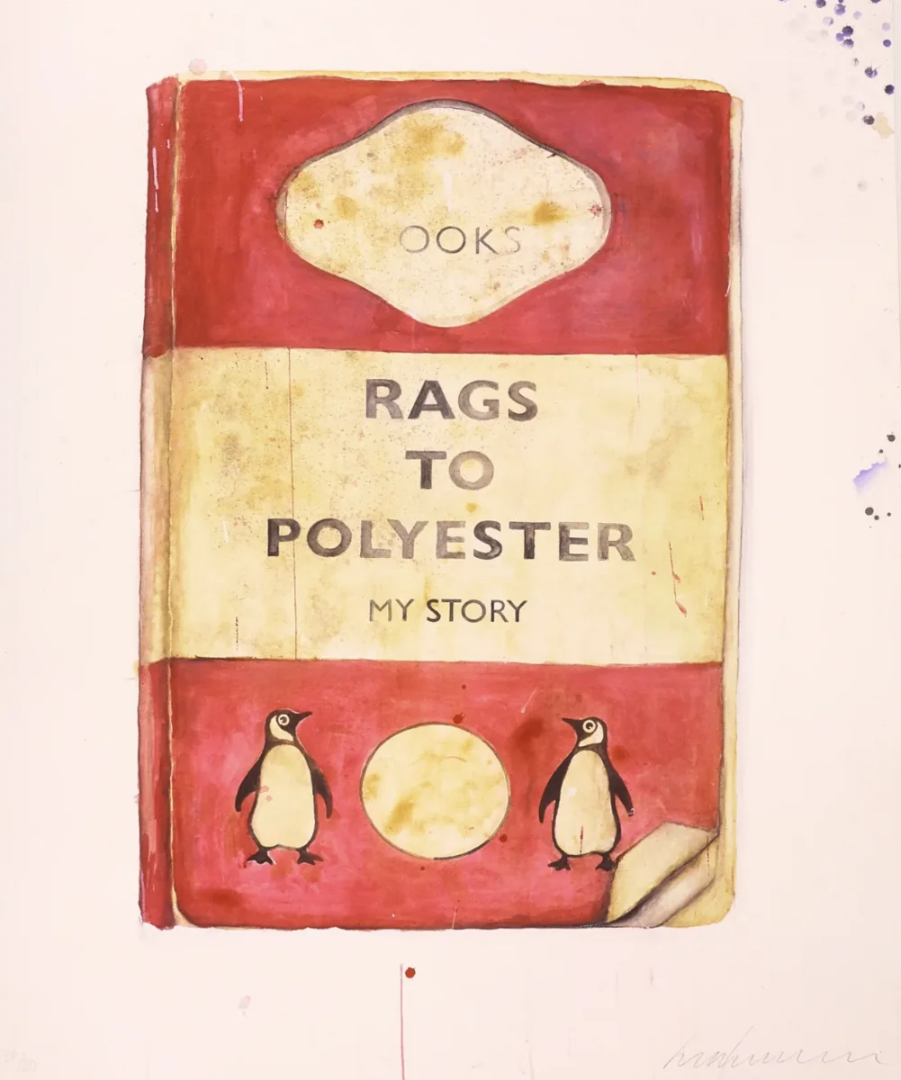 Harland Miller, Rags To Polyester, 2014, hand embellished screen print