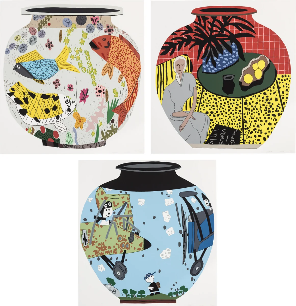 Jonas Wood, Fish Pot, Matisse Pot 4 and Snoopy Pot, the complete set of 3 screen prints on Rising Museum Board