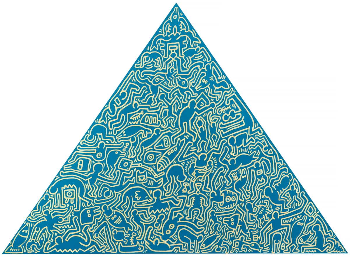 Keith Haring, Pyramid (Blue), 1989, screen print on shaped anodized aluminum panel